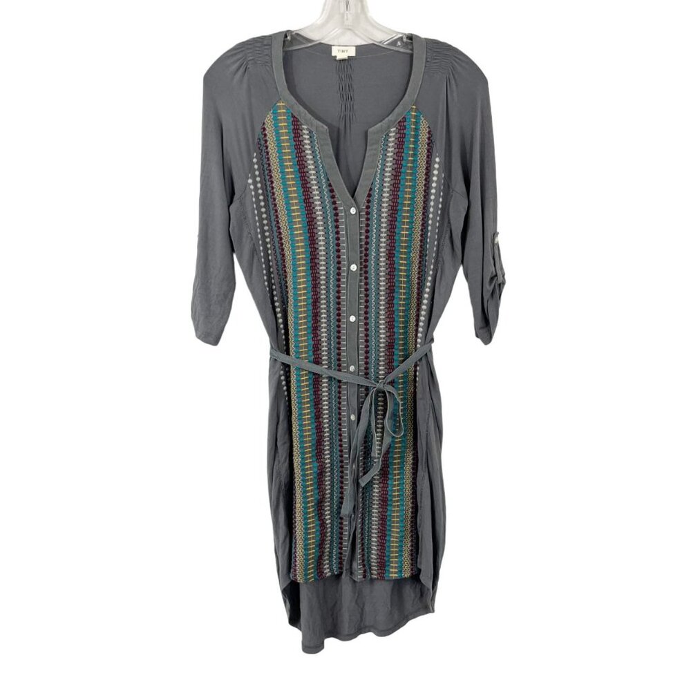 Anthropologie Tiny Gray Embroidered Button‎ Front Belted Dress Jersey Size Small